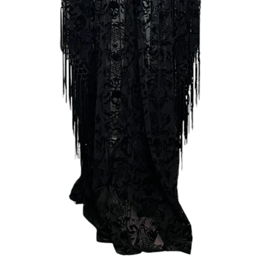 NWT Unique Vintage Sz 2X Whimsigoth Skull Bat Burnout Fringe Sheer Caftan Dress - Picture 6 of 11